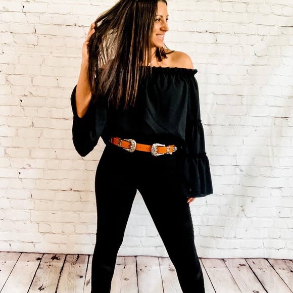 Black Off the Shoulder Flare Sleeve Top - Picture 2 of 2